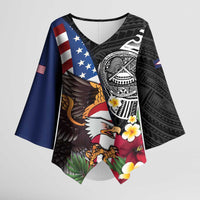 United States and American Samoa Kimono Sleeve Blouse USA Flag Eagle With Seal Tropical Flowers LT14 Female Black - Polynesian Pride