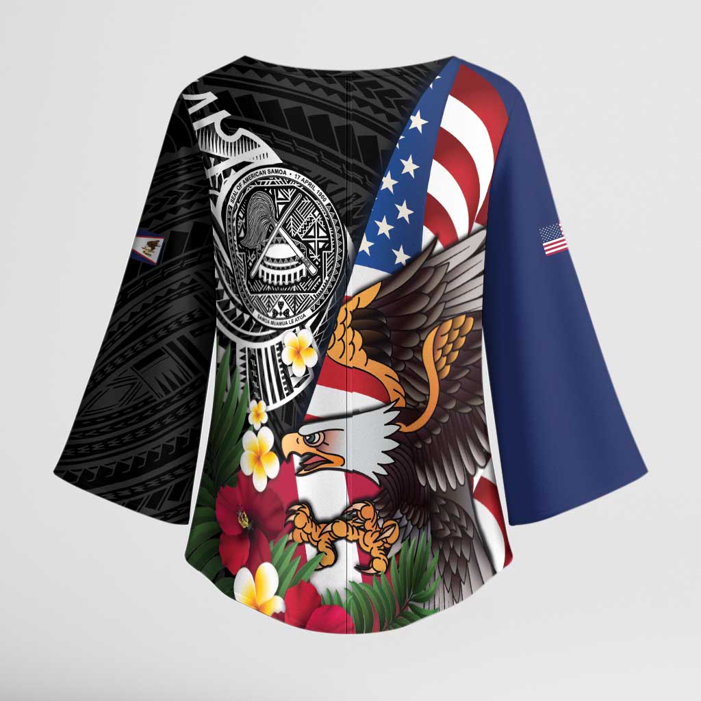 United States and American Samoa Kimono Sleeve Blouse USA Flag Eagle With Seal Tropical Flowers LT14 - Polynesian Pride