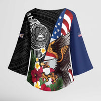 United States and American Samoa Kimono Sleeve Blouse USA Flag Eagle With Seal Tropical Flowers LT14 - Polynesian Pride