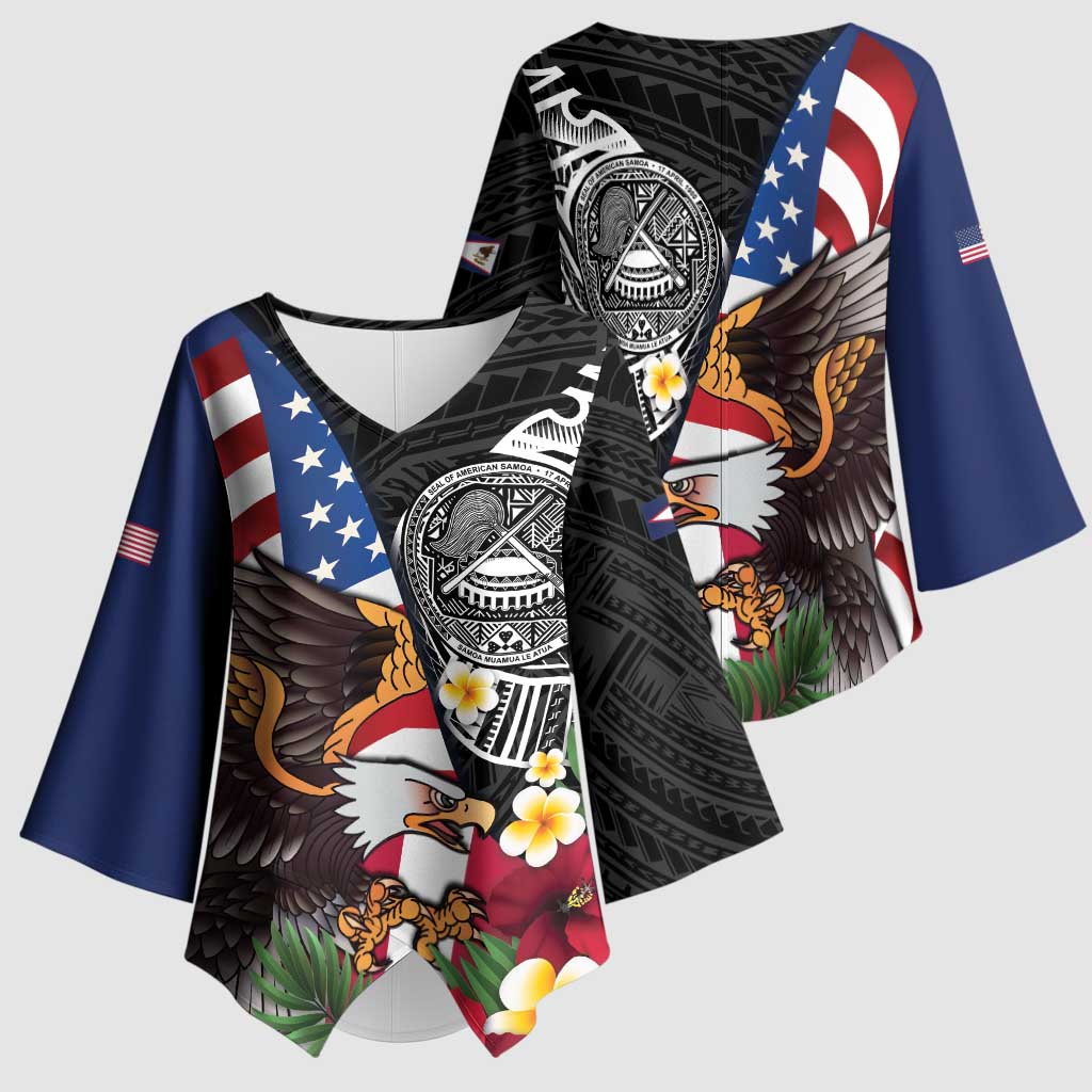 United States and American Samoa Kimono Sleeve Blouse USA Flag Eagle With Seal Tropical Flowers LT14 - Polynesian Pride