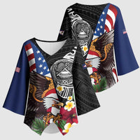 United States and American Samoa Kimono Sleeve Blouse USA Flag Eagle With Seal Tropical Flowers LT14 - Polynesian Pride