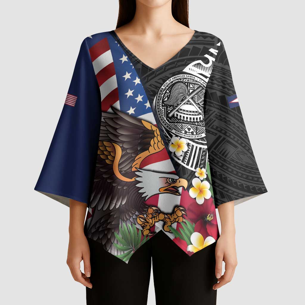United States and American Samoa Kimono Sleeve Blouse USA Flag Eagle With Seal Tropical Flowers LT14 - Polynesian Pride