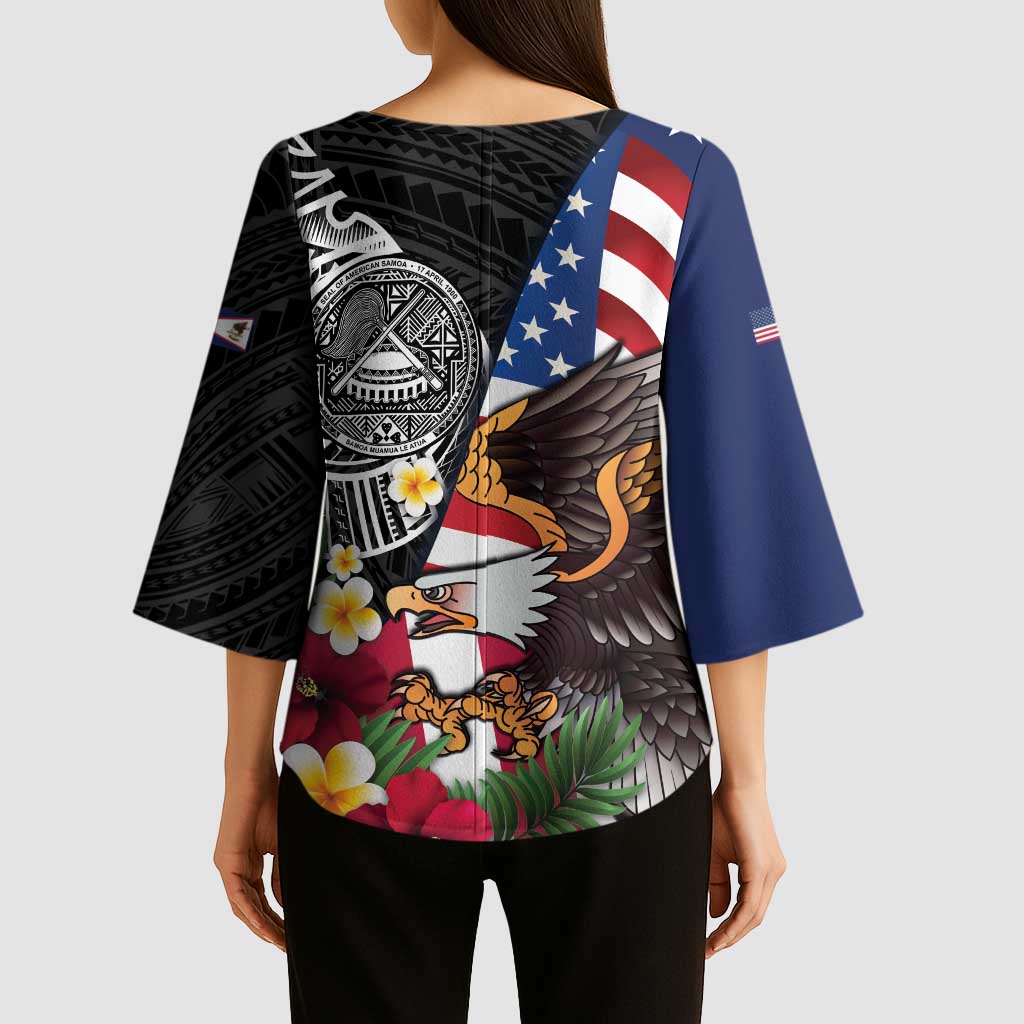 United States and American Samoa Kimono Sleeve Blouse USA Flag Eagle With Seal Tropical Flowers LT14 - Polynesian Pride
