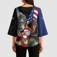 United States and American Samoa Kimono Sleeve Blouse USA Flag Eagle With Seal Tropical Flowers LT14 - Polynesian Pride