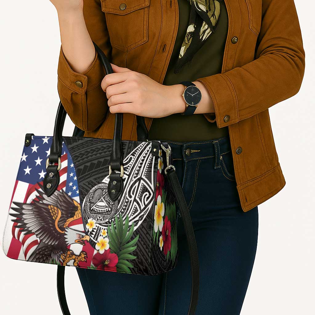 United States and American Samoa Leather Bag USA Flag Eagle With Seal Tropical Flowers