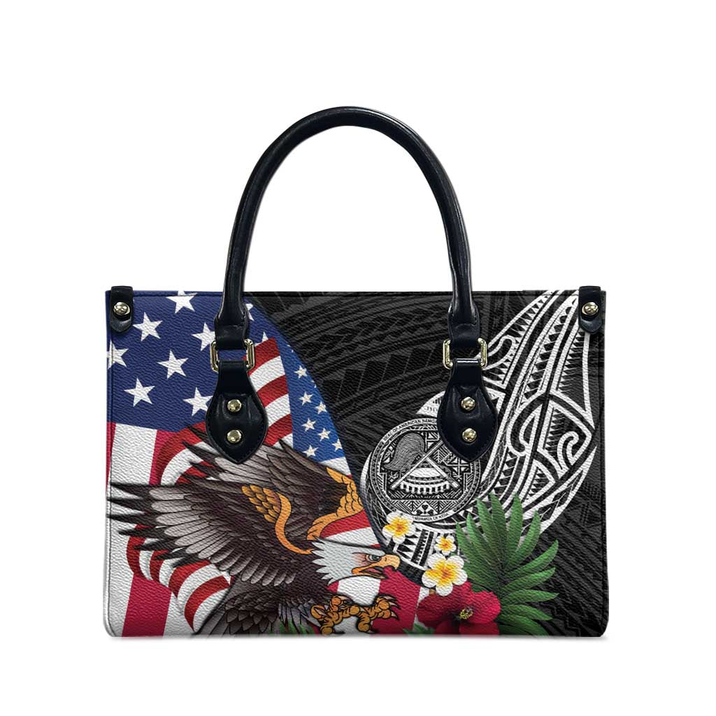 United States and American Samoa Leather Bag USA Flag Eagle With Seal Tropical Flowers