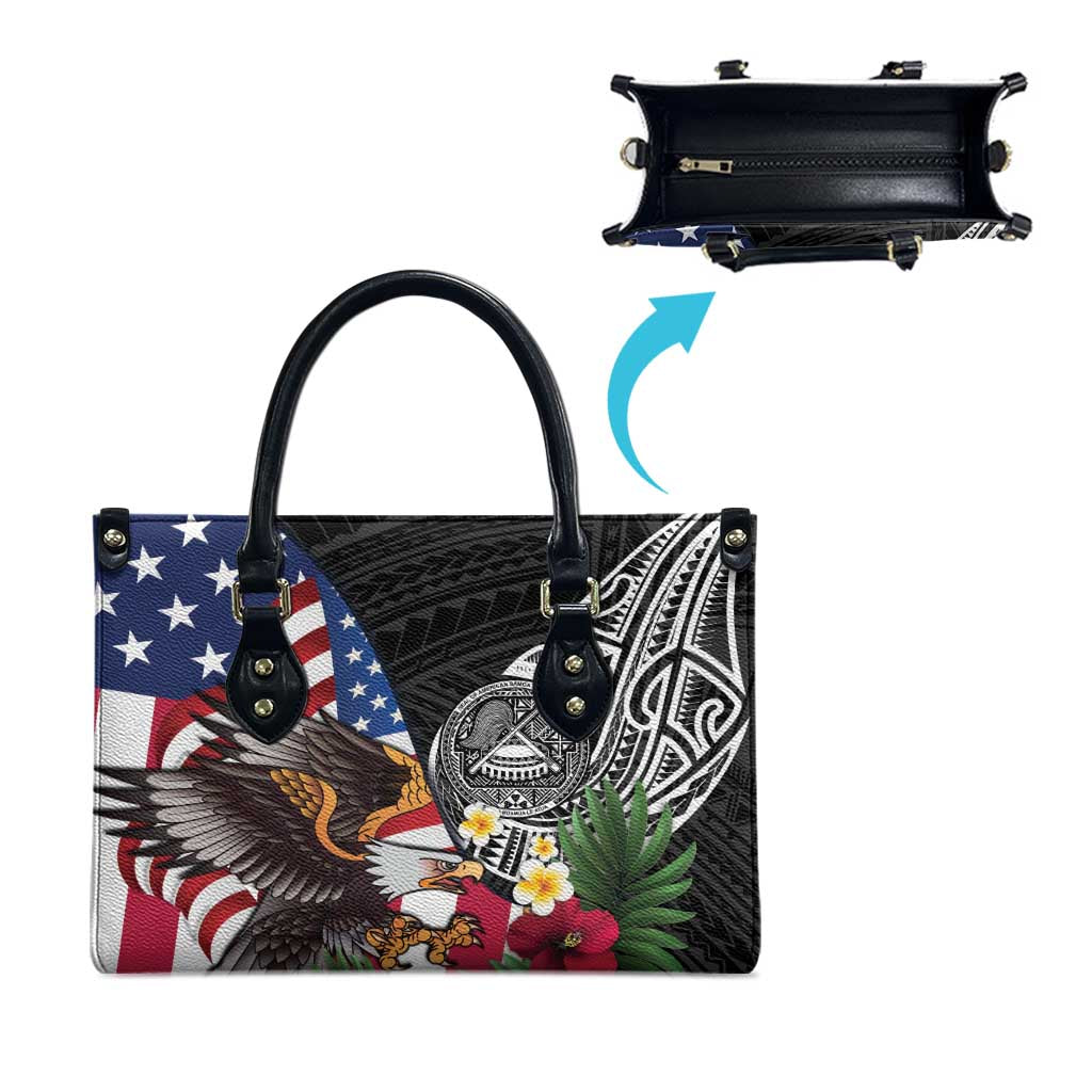 United States and American Samoa Leather Bag USA Flag Eagle With Seal Tropical Flowers