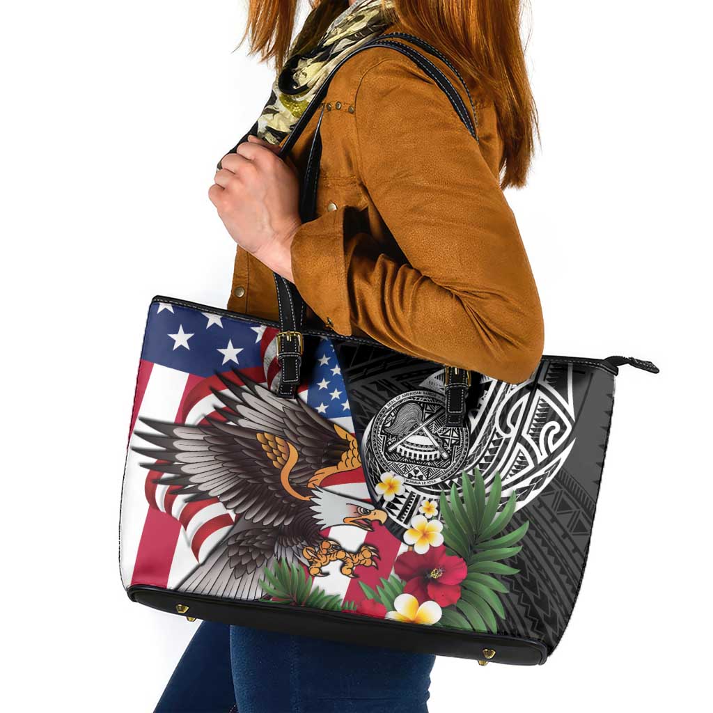 United States and American Samoa Leather Tote Bag USA Flag Eagle With Seal Tropical Flowers LT14 Black - Polynesian Pride