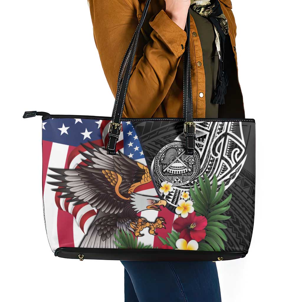 United States and American Samoa Leather Tote Bag USA Flag Eagle With Seal Tropical Flowers LT14 - Polynesian Pride