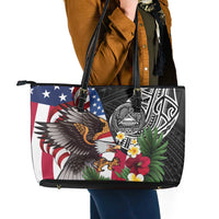 United States and American Samoa Leather Tote Bag USA Flag Eagle With Seal Tropical Flowers LT14 - Polynesian Pride