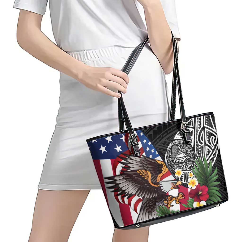 United States and American Samoa Leather Tote Bag USA Flag Eagle With Seal Tropical Flowers LT14 - Polynesian Pride