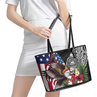 United States and American Samoa Leather Tote Bag USA Flag Eagle With Seal Tropical Flowers LT14 - Polynesian Pride