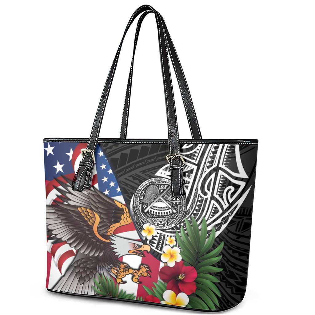 United States and American Samoa Leather Tote Bag USA Flag Eagle With Seal Tropical Flowers LT14 - Polynesian Pride