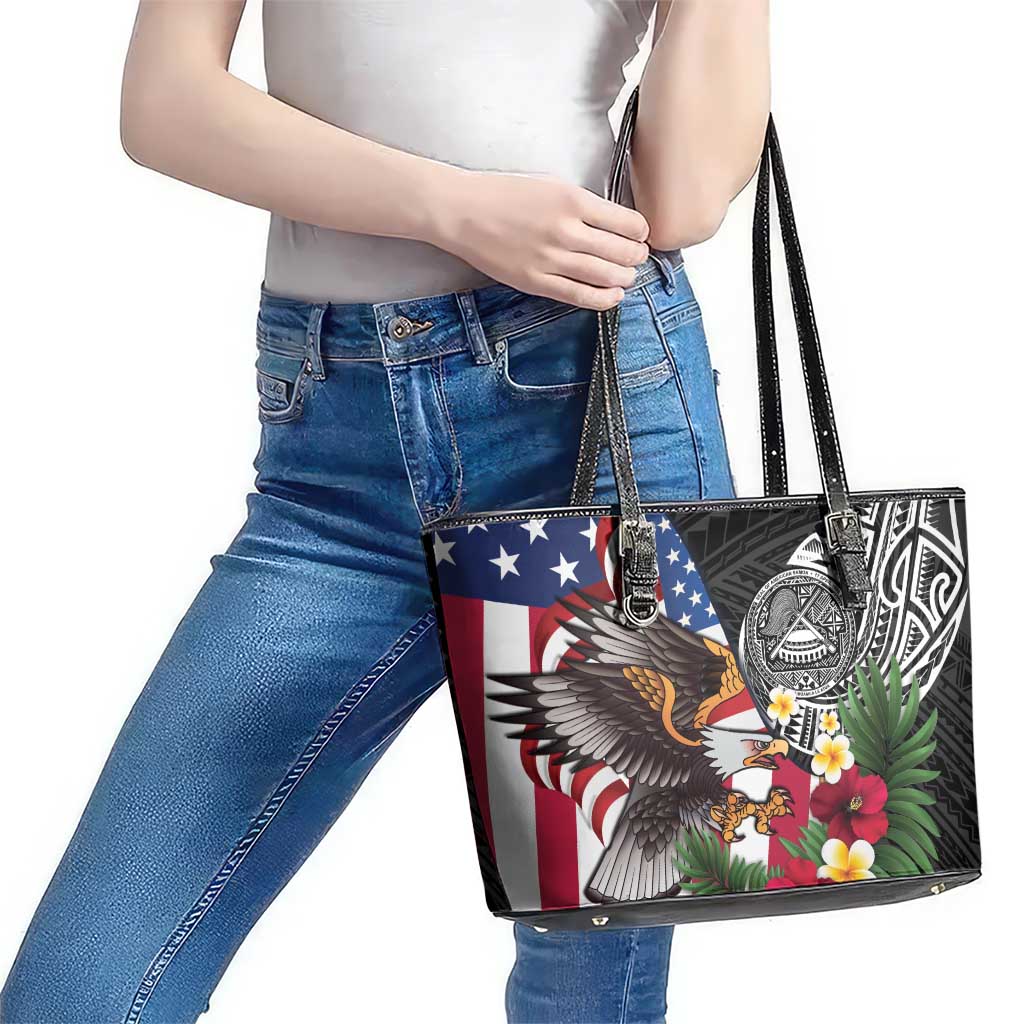 United States and American Samoa Leather Tote Bag USA Flag Eagle With Seal Tropical Flowers LT14 - Polynesian Pride