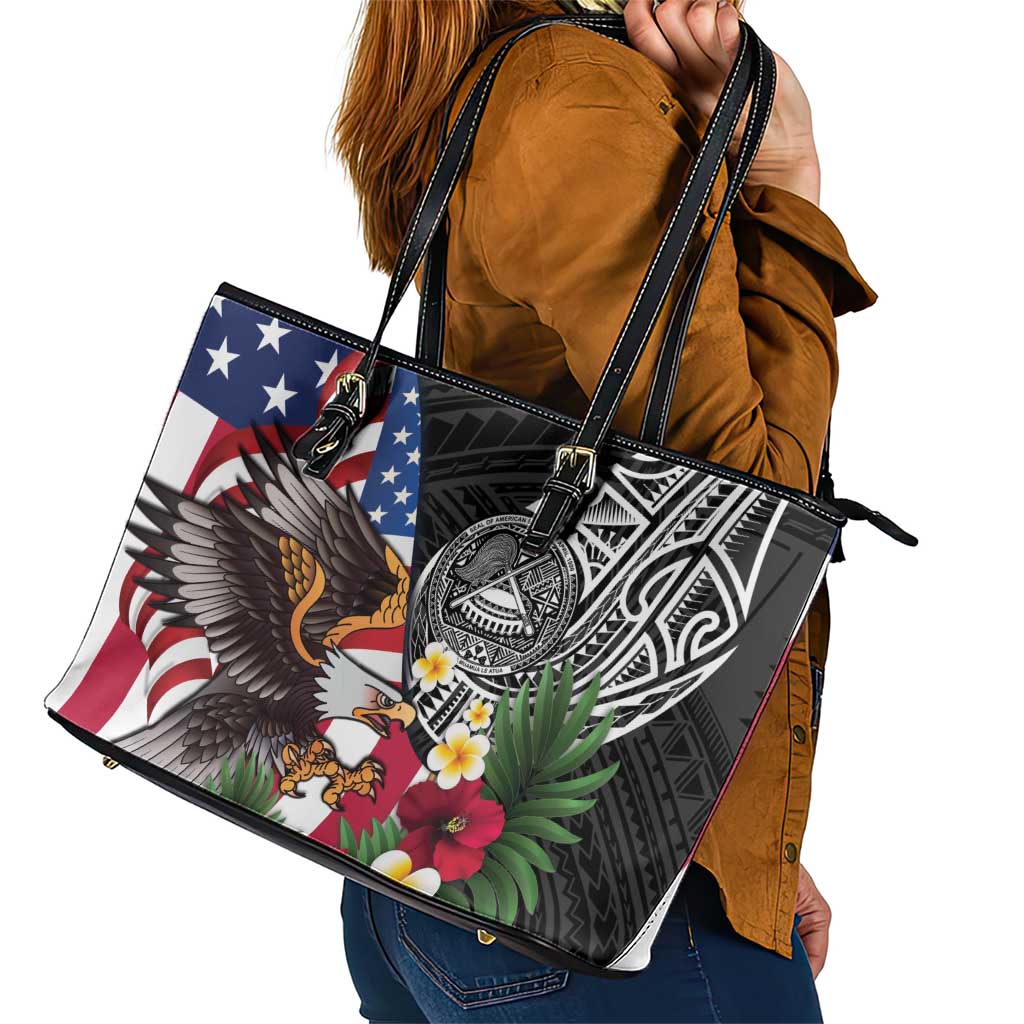 United States and American Samoa Leather Tote Bag USA Flag Eagle With Seal Tropical Flowers LT14 - Polynesian Pride