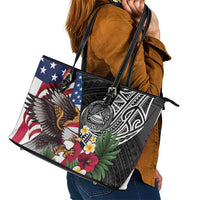 United States and American Samoa Leather Tote Bag USA Flag Eagle With Seal Tropical Flowers LT14 - Polynesian Pride