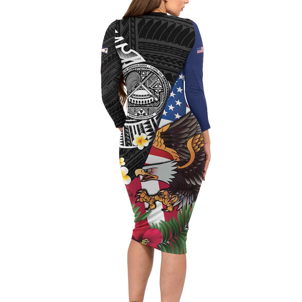 United States and American Samoa Long Sleeve Bodycon Dress USA Flag Eagle With Seal Tropical Flowers