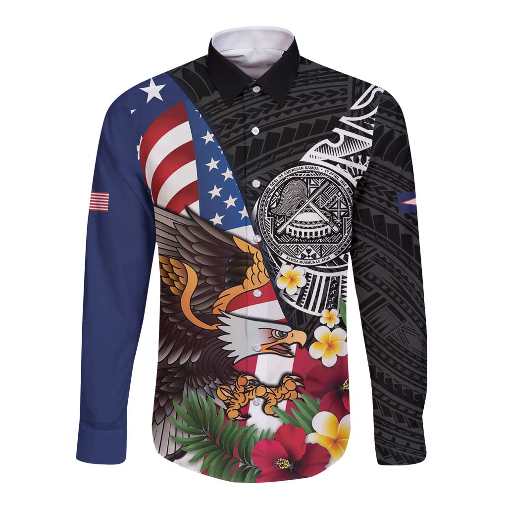 United States and American Samoa Long Sleeve Button Shirt USA Flag Eagle With Seal Tropical Flowers LT14 Unisex Black - Polynesian Pride