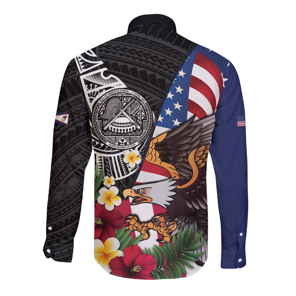 United States and American Samoa Long Sleeve Button Shirt USA Flag Eagle With Seal Tropical Flowers LT14 - Polynesian Pride
