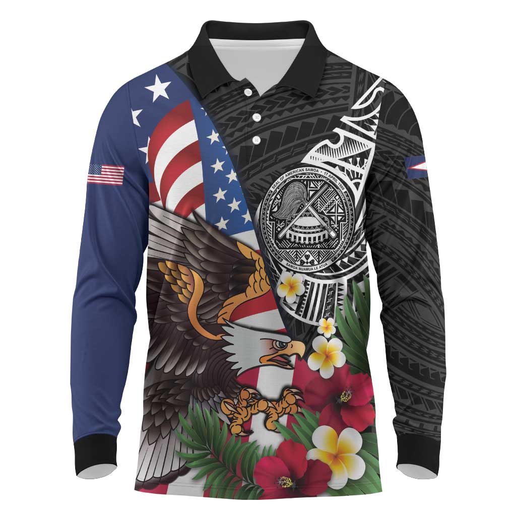 United States and American Samoa Long Sleeve Polo Shirt USA Flag Eagle With Seal Tropical Flowers LT14 Black - Polynesian Pride