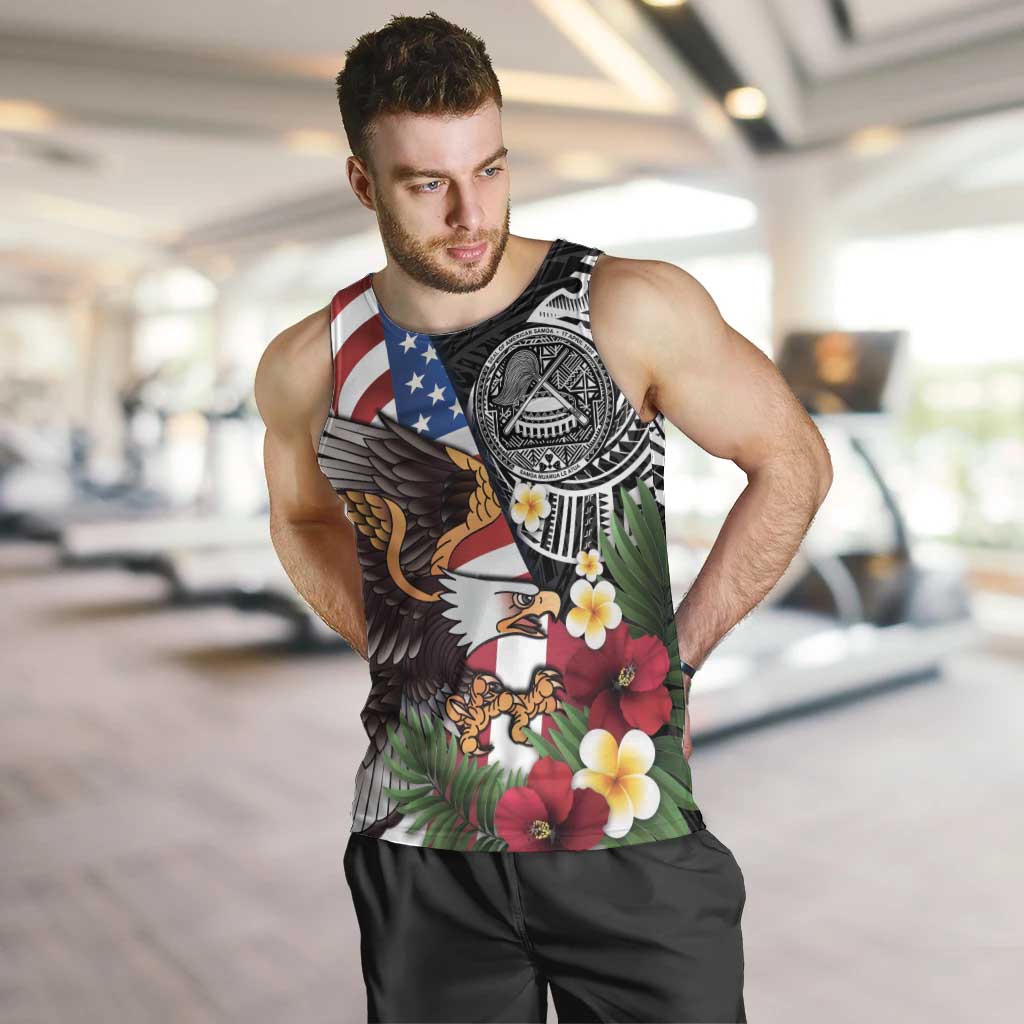United States and American Samoa Men Tank Top USA Flag Eagle With Seal Tropical Flowers