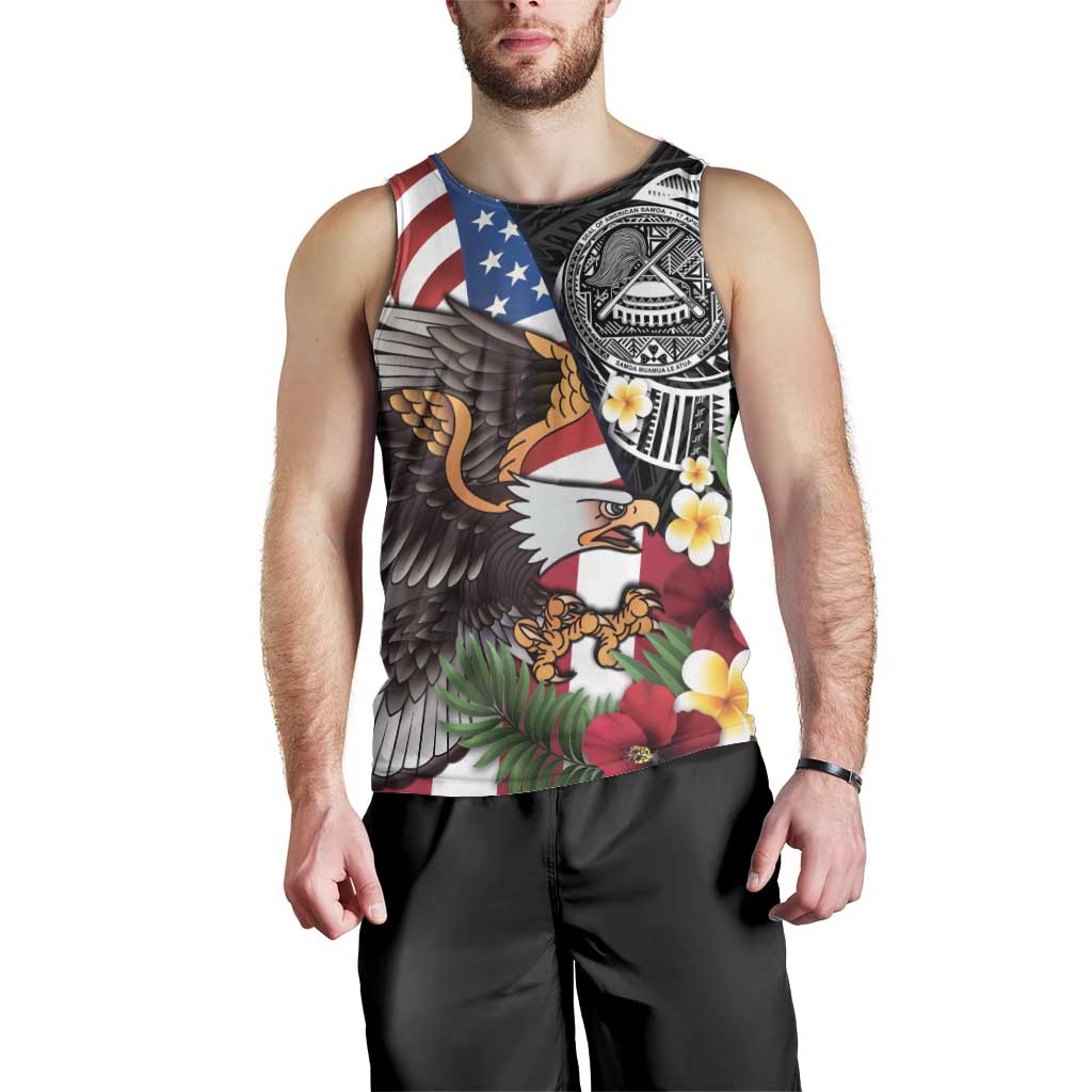 United States and American Samoa Men Tank Top USA Flag Eagle With Seal Tropical Flowers