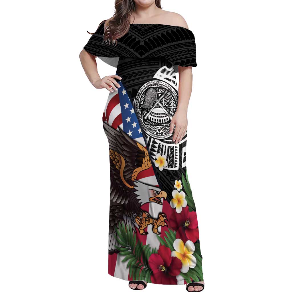 United States and American Samoa Off Shoulder Maxi Dress USA Flag Eagle With Seal Tropical Flowers LT14 Women Black - Polynesian Pride