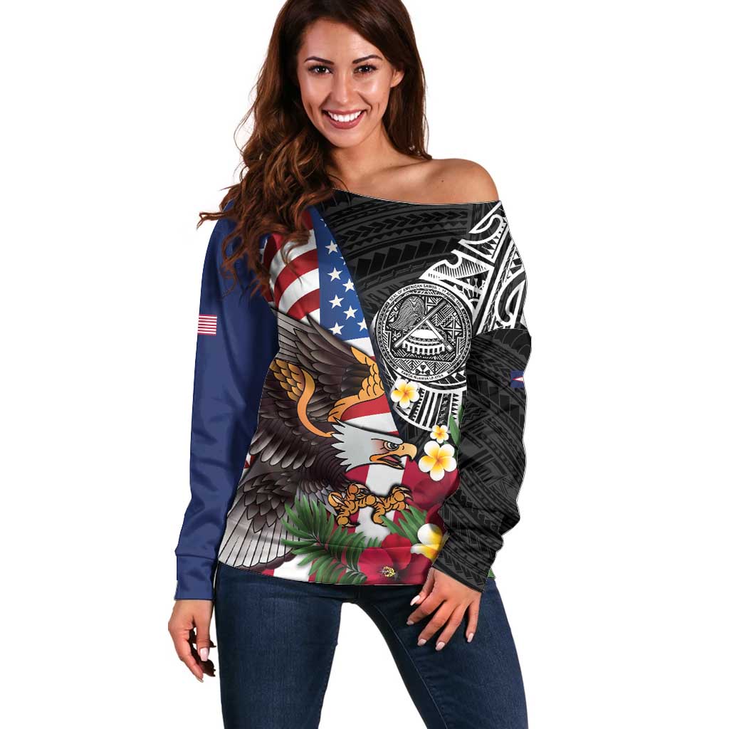 United States and American Samoa Off Shoulder Sweater USA Flag Eagle With Seal Tropical Flowers LT14 Women Black - Polynesian Pride