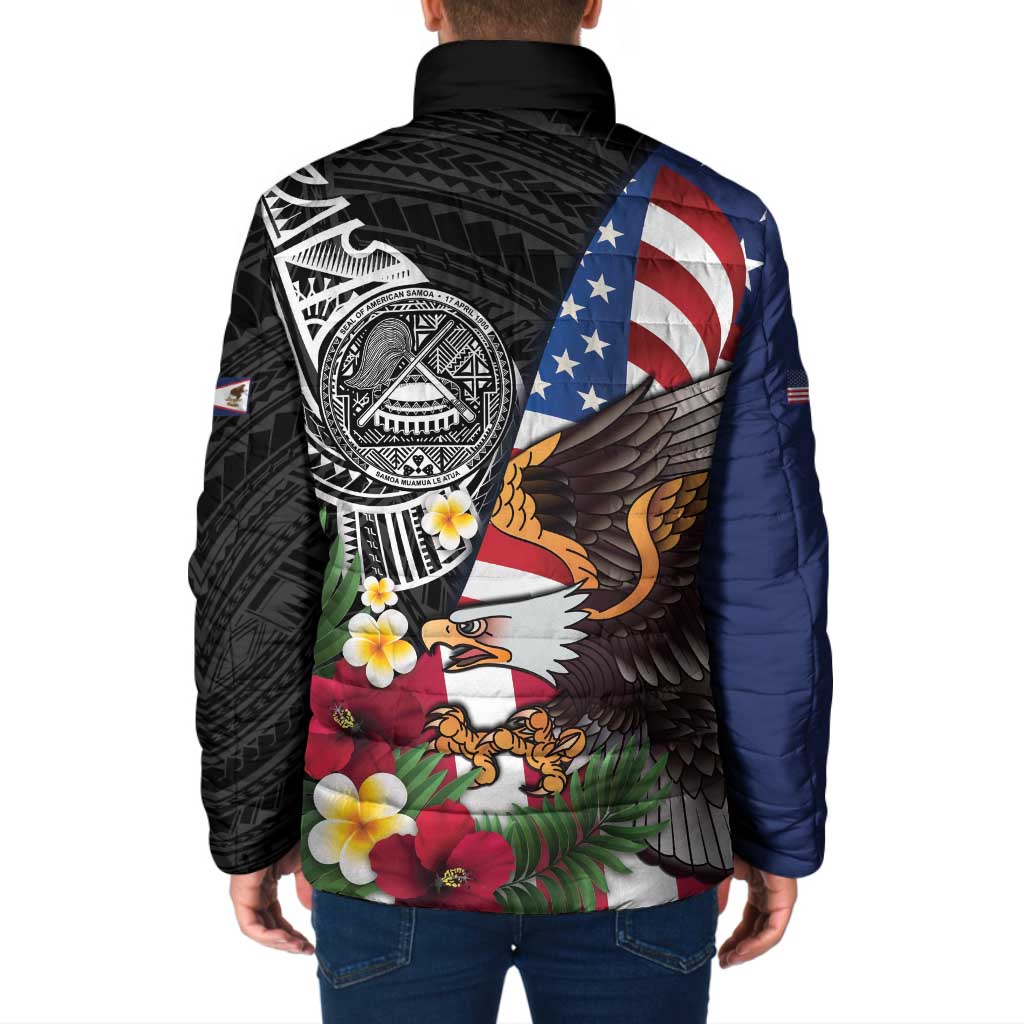 United States and American Samoa Padded Jacket USA Flag Eagle With Seal Tropical Flowers LT14 - Polynesian Pride