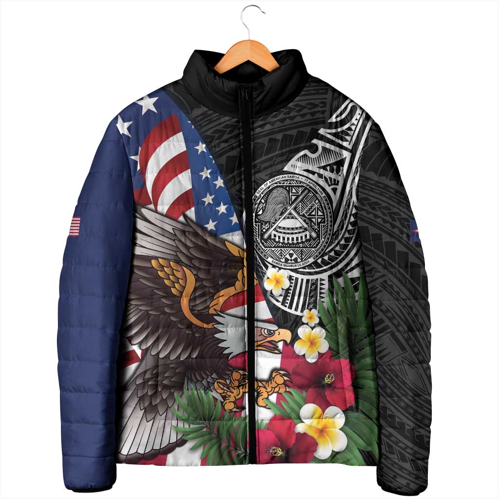 United States and American Samoa Padded Jacket USA Flag Eagle With Seal Tropical Flowers LT14 - Polynesian Pride