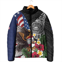 United States and American Samoa Padded Jacket USA Flag Eagle With Seal Tropical Flowers LT14 - Polynesian Pride