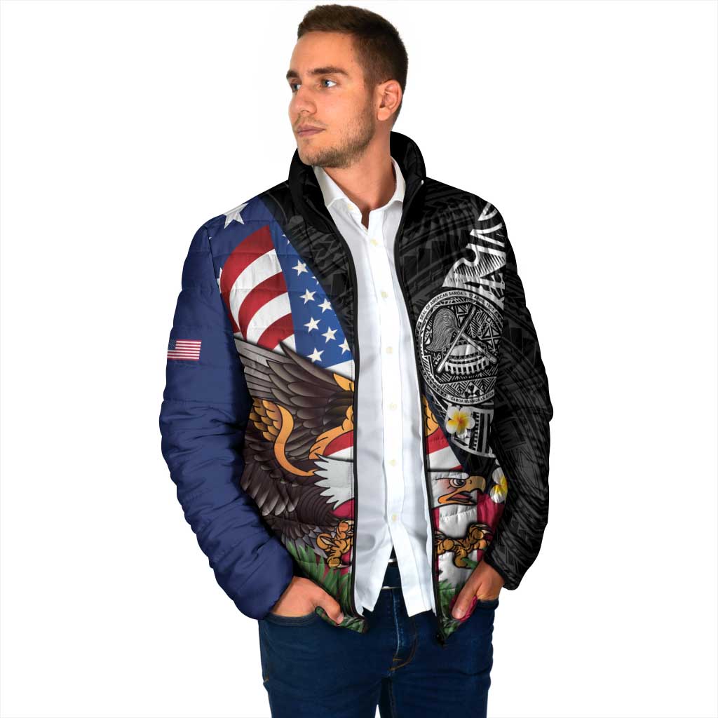 United States and American Samoa Padded Jacket USA Flag Eagle With Seal Tropical Flowers LT14 - Polynesian Pride