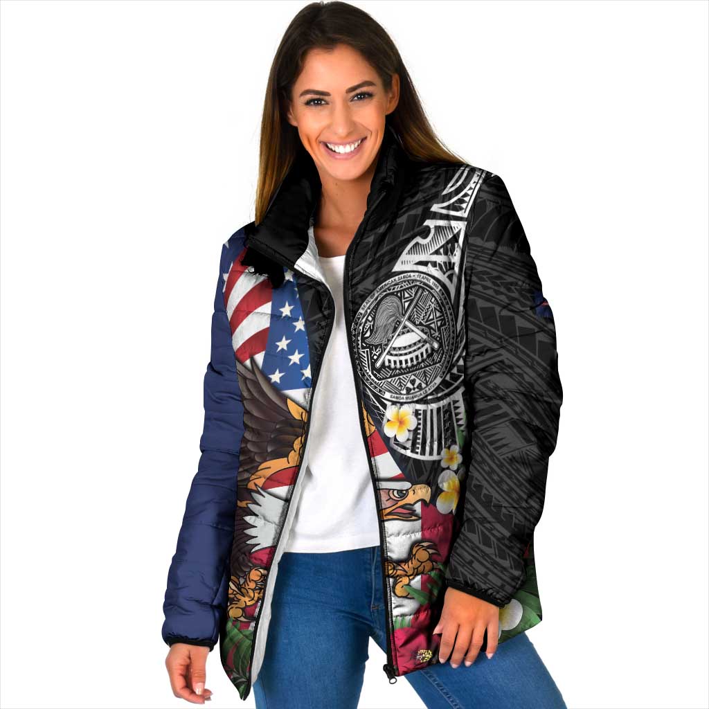 United States and American Samoa Padded Jacket USA Flag Eagle With Seal Tropical Flowers LT14 Women Black - Polynesian Pride