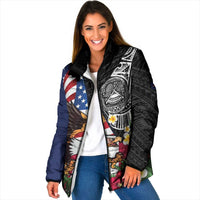 United States and American Samoa Padded Jacket USA Flag Eagle With Seal Tropical Flowers LT14 Women Black - Polynesian Pride