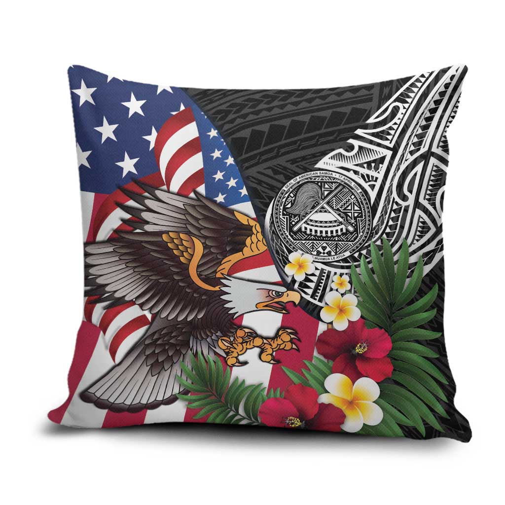 United States and American Samoa Pillow Cover USA Flag Eagle With Seal Tropical Flowers LT14 Black - Polynesian Pride