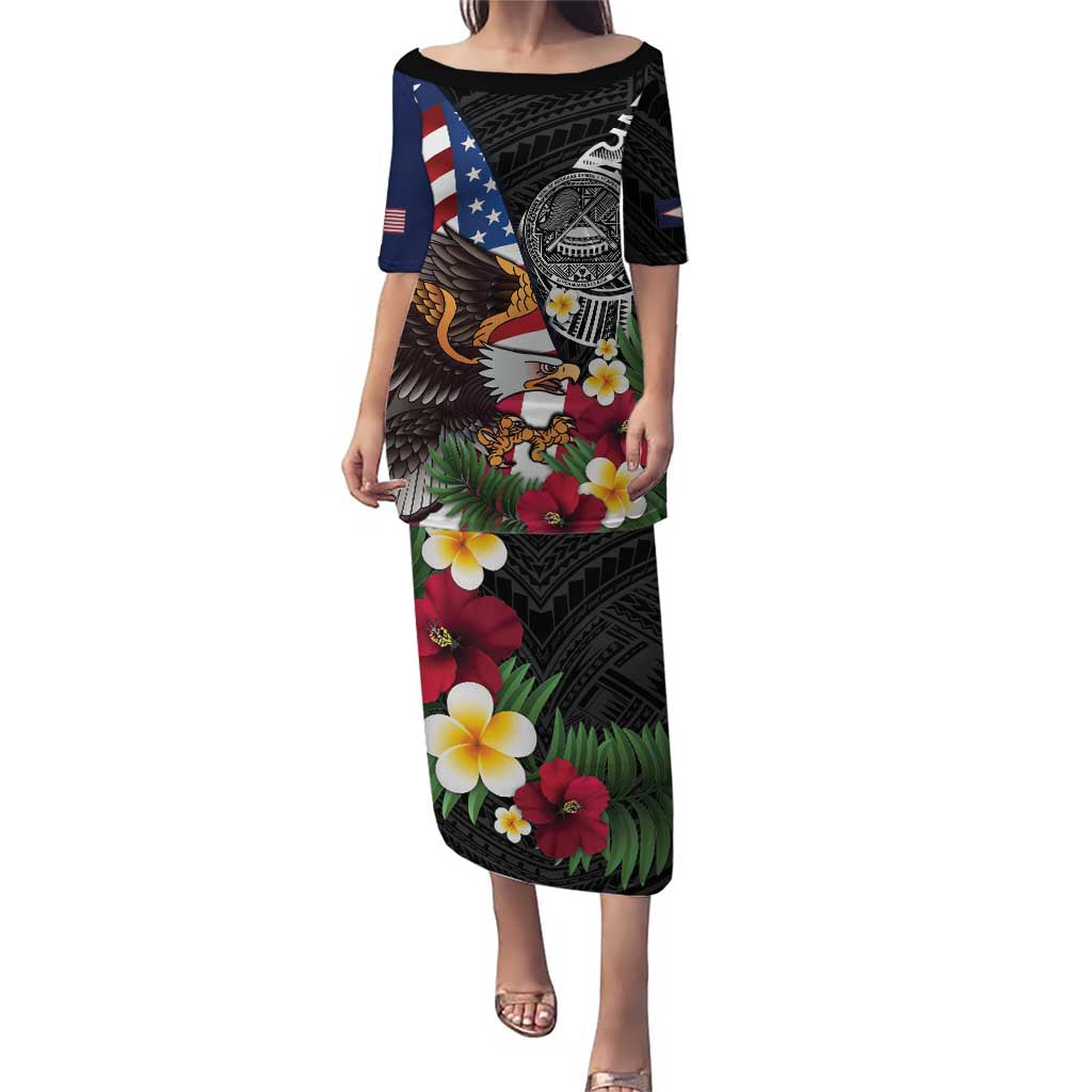 United States and American Samoa Puletasi USA Flag Eagle With Seal Tropical Flowers LT14 Long Dress Black - Polynesian Pride
