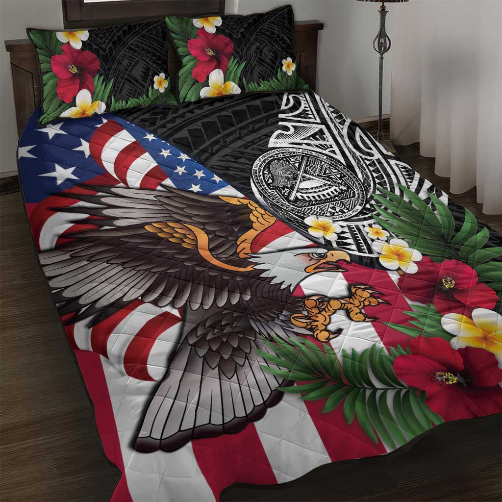 United States and American Samoa Quilt Bed Set USA Flag Eagle With Seal Tropical Flowers LT14 Black - Polynesian Pride