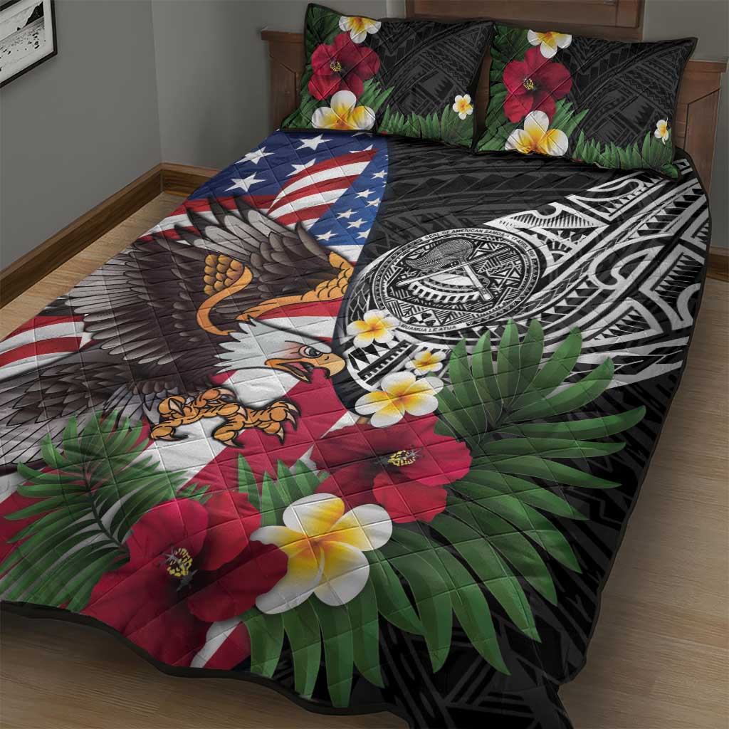 United States and American Samoa Quilt Bed Set USA Flag Eagle With Seal Tropical Flowers LT14 - Polynesian Pride