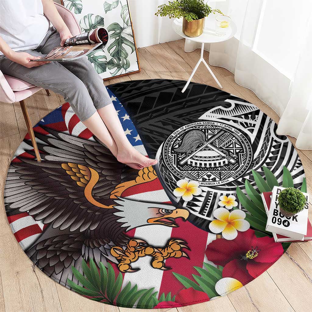United States and American Samoa Round Carpet USA Flag Eagle With Seal Tropical Flowers LT14 - Polynesian Pride