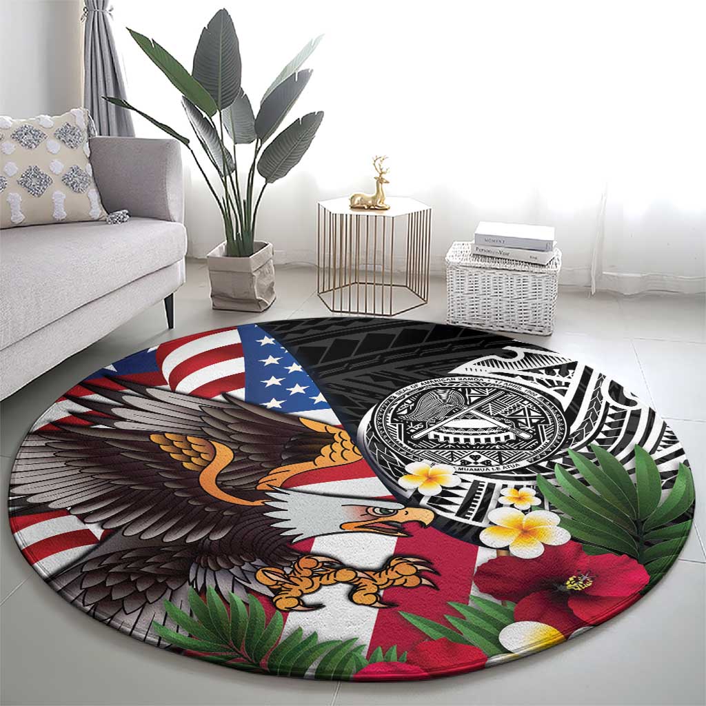 United States and American Samoa Round Carpet USA Flag Eagle With Seal Tropical Flowers LT14 - Polynesian Pride