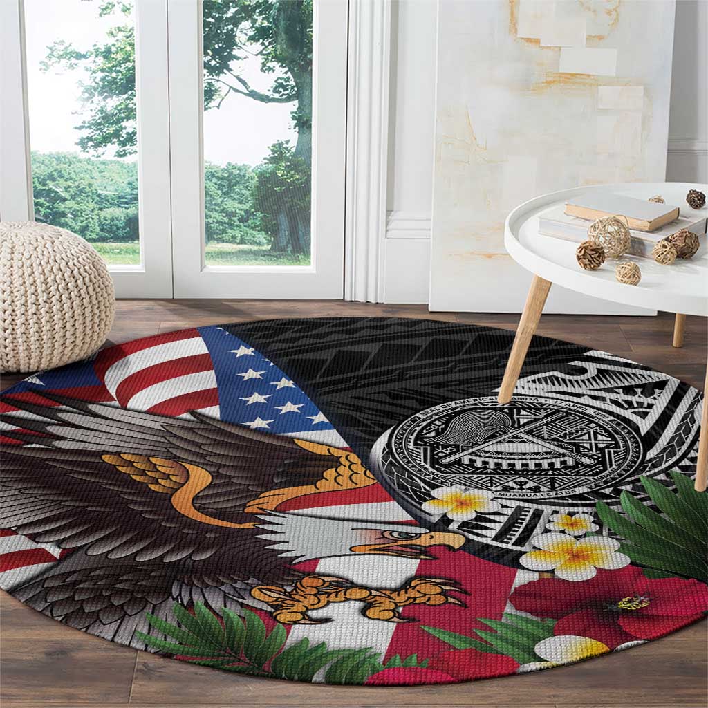 United States and American Samoa Round Carpet USA Flag Eagle With Seal Tropical Flowers LT14 - Polynesian Pride