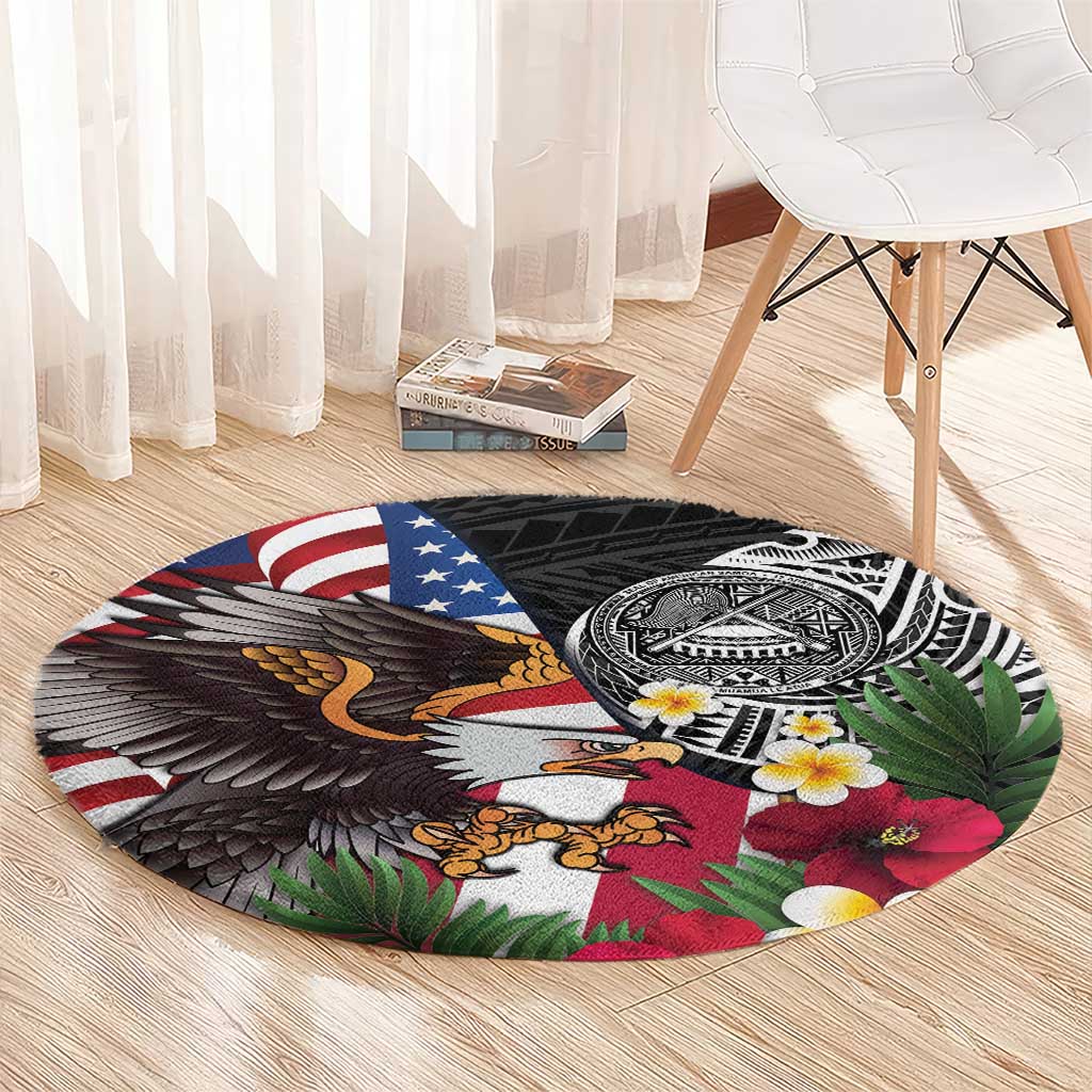 United States and American Samoa Round Carpet USA Flag Eagle With Seal Tropical Flowers LT14 - Polynesian Pride