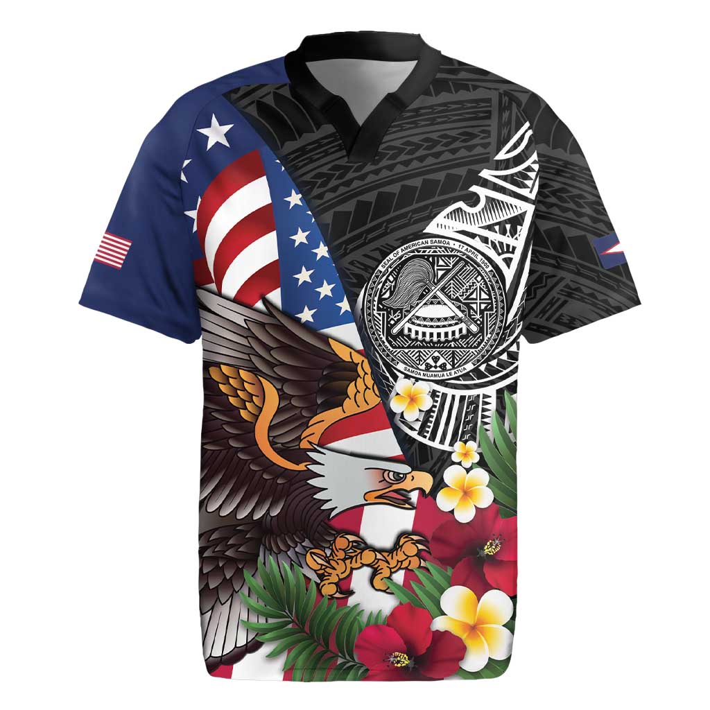 United States and American Samoa Rugby Jersey USA Flag Eagle With Seal Tropical Flowers LT14 Black - Polynesian Pride