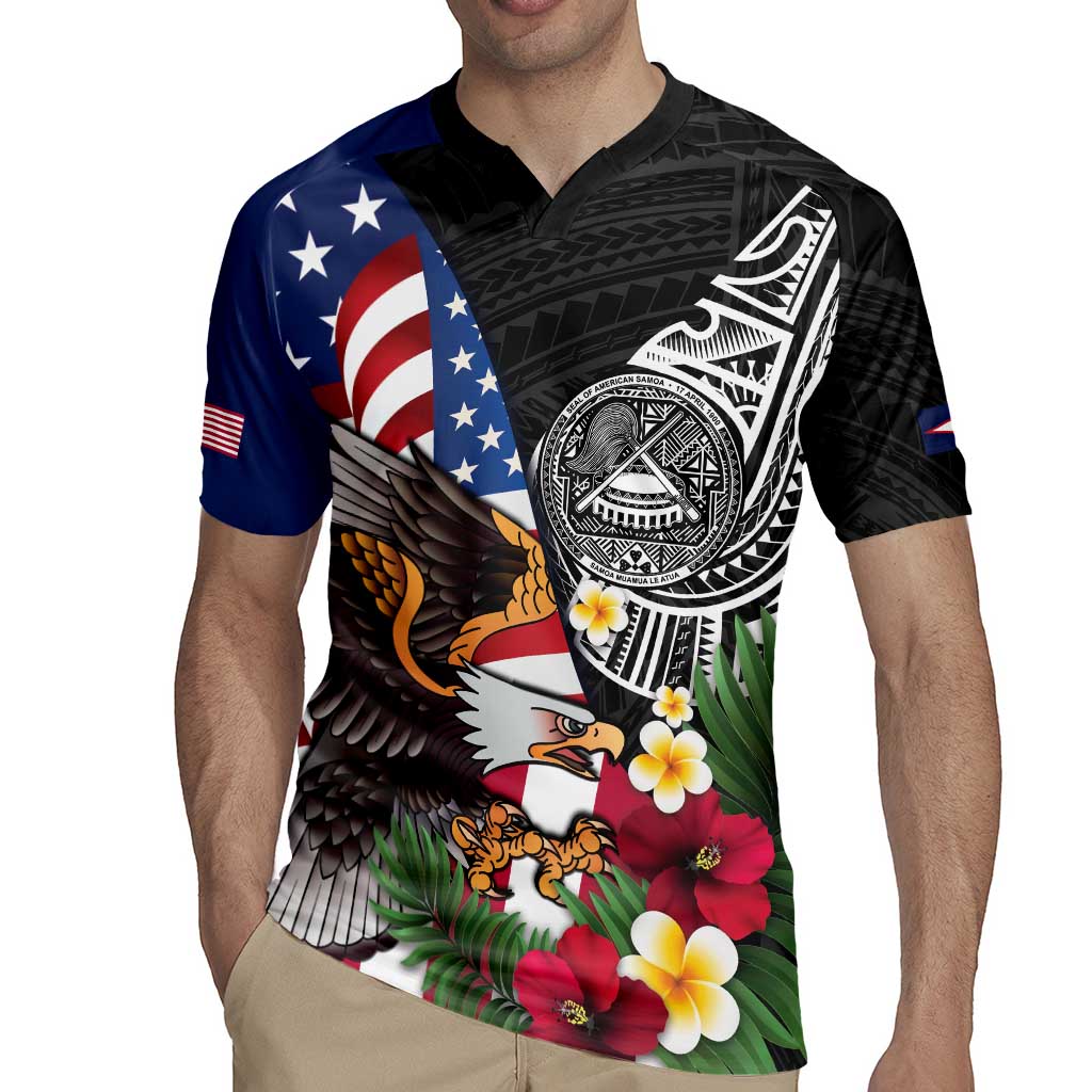United States and American Samoa Rugby Jersey USA Flag Eagle With Seal Tropical Flowers LT14 - Polynesian Pride