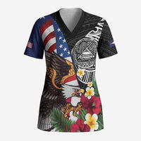 United States and American Samoa Scrub Top USA Flag Eagle With Seal Tropical Flowers LT14 Adult Black - Polynesian Pride