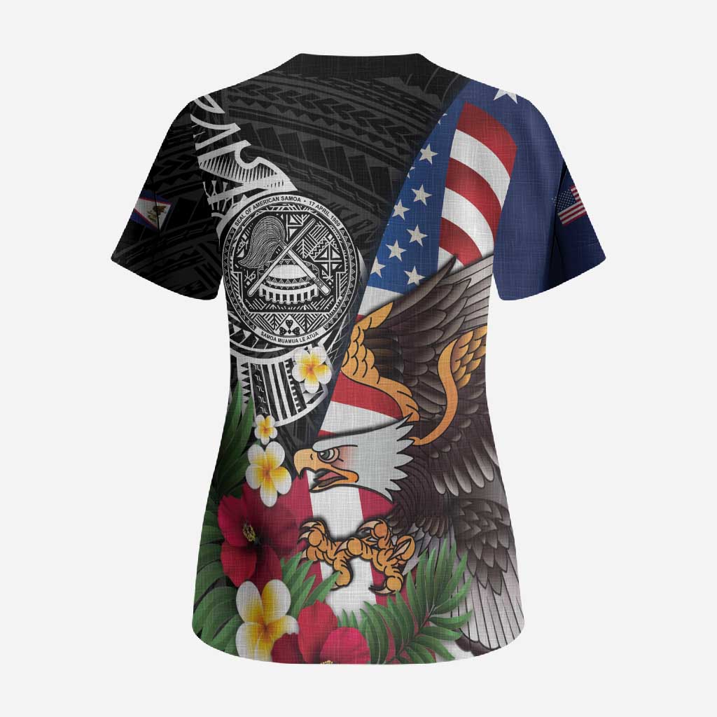 United States and American Samoa Scrub Top USA Flag Eagle With Seal Tropical Flowers LT14 - Polynesian Pride