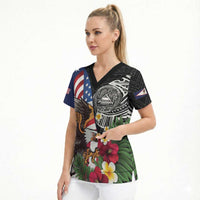 United States and American Samoa Scrub Top USA Flag Eagle With Seal Tropical Flowers LT14 - Polynesian Pride