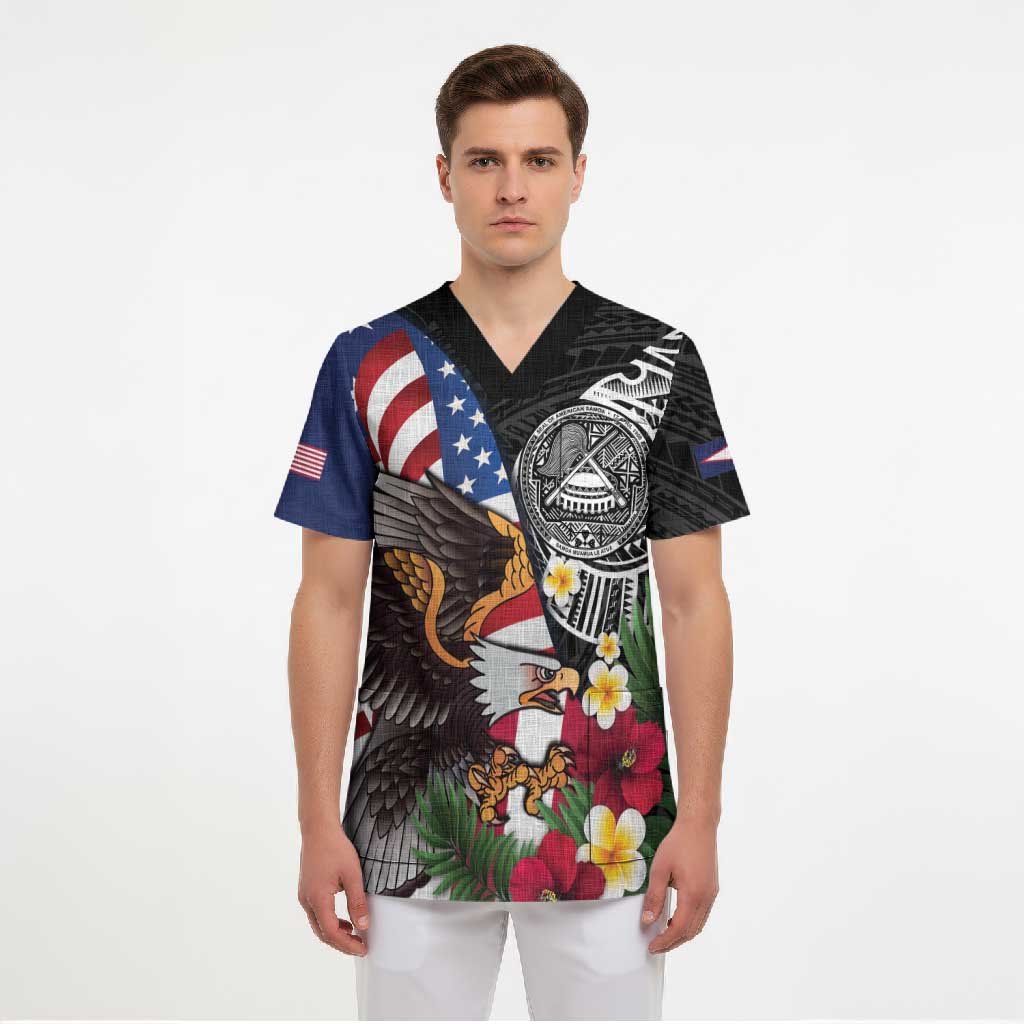 United States and American Samoa Scrub Top USA Flag Eagle With Seal Tropical Flowers LT14 - Polynesian Pride