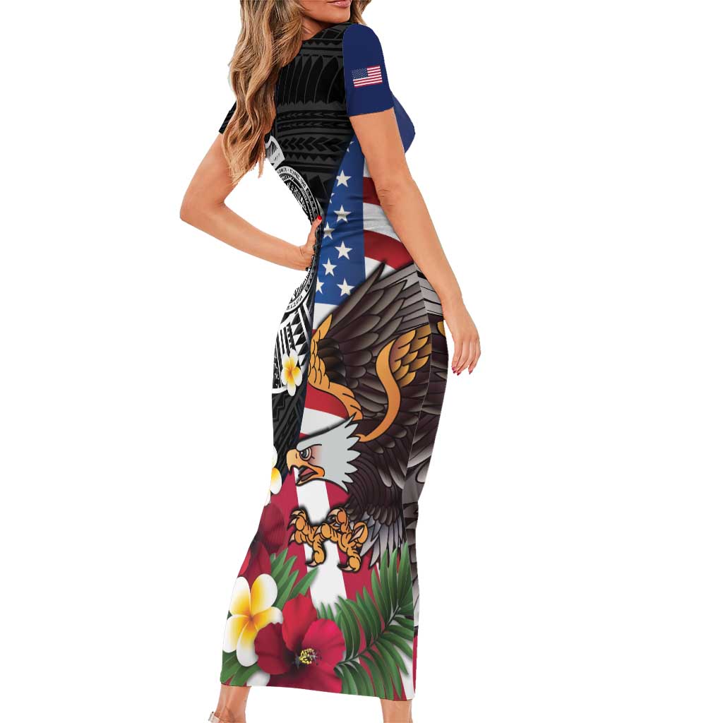 United States and American Samoa Short Sleeve Bodycon Dress USA Flag Eagle With Seal Tropical Flowers