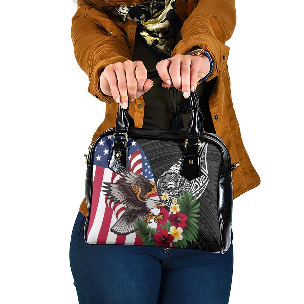 United States and American Samoa Shoulder Handbag USA Flag Eagle With Seal Tropical Flowers LT14 One Size Black - Polynesian Pride